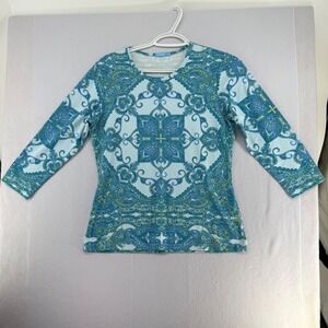 J.McLaughlin Womens Blue Green Paisley Medallion 3/4 Sleeve Top Size Small S‎